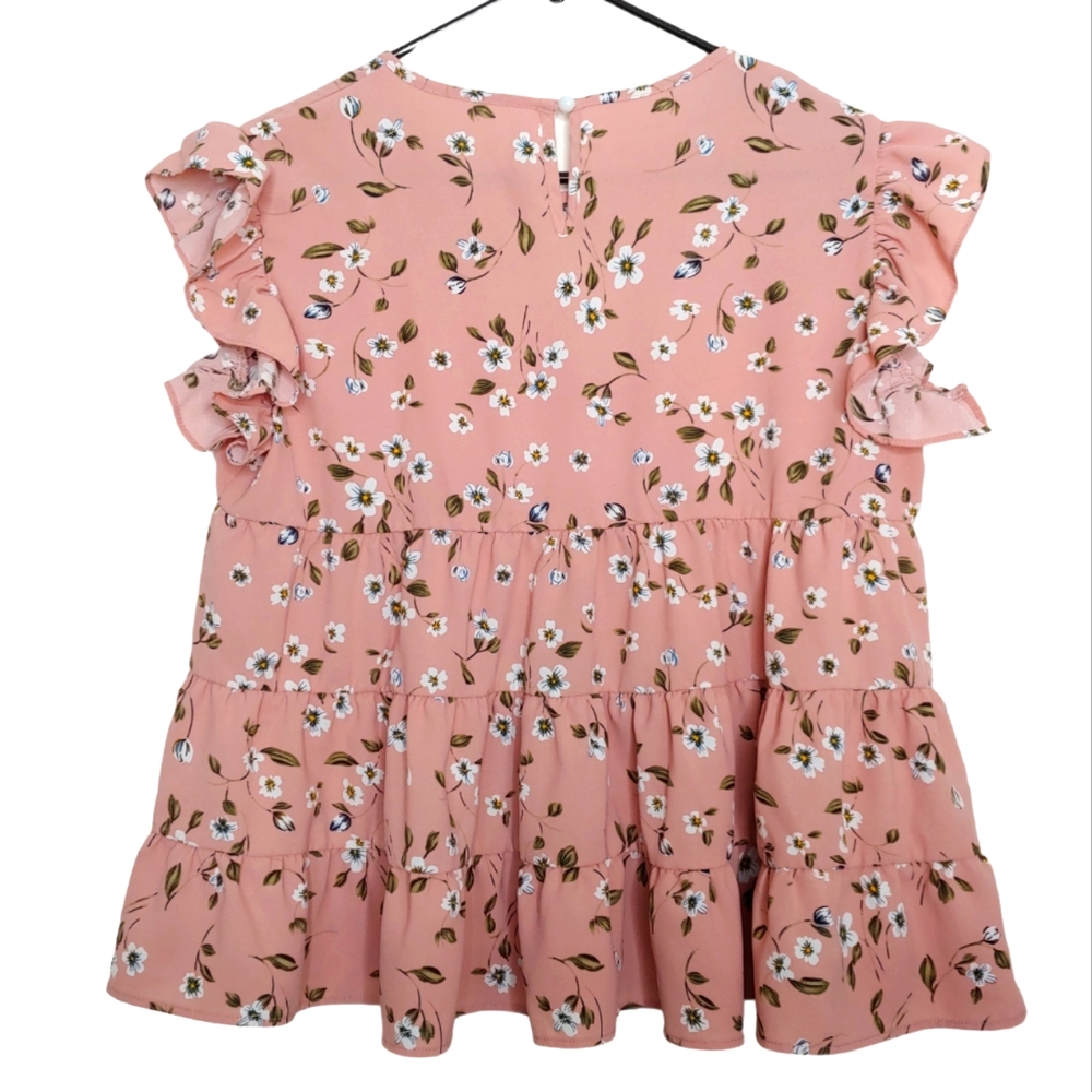 Shein Women's Spring Pink Ruffled Short Sleeve Tiered Floral Blouse Size Large - Picture 2 of 15